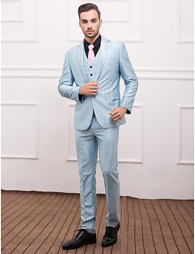 Light Blue Polyester Slim Fit Three-Piece Suit