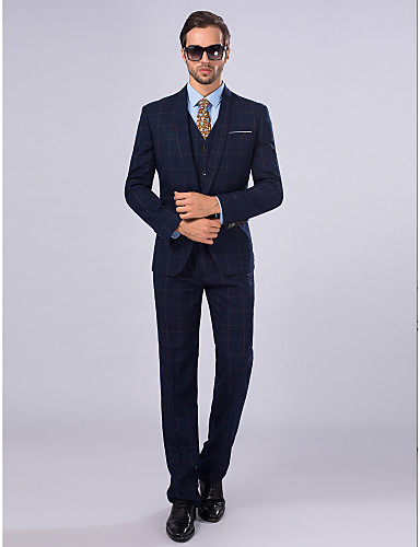 Dark Navy Polyester Slim Fit Three-Piece Suit