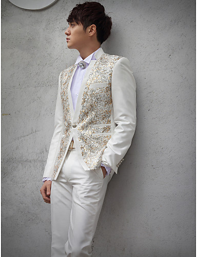 White Sequins Slim Fit Tuxedo In Polyester