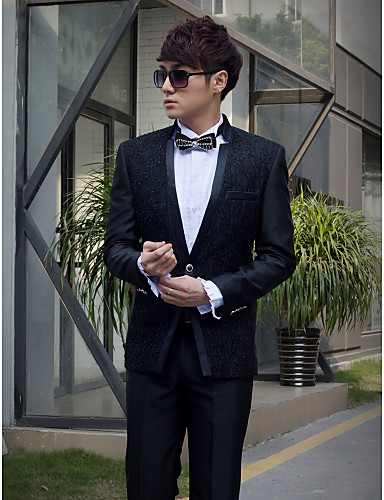 Black Sequins Slim Fit Tuxedo In Polyester
