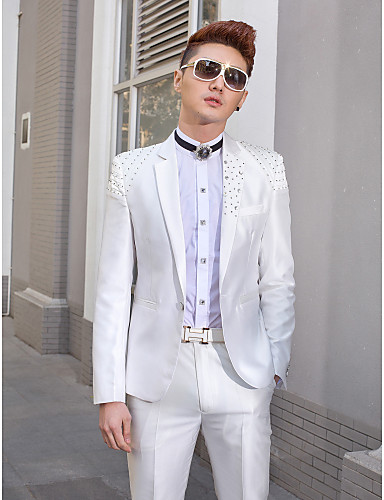 White Beading Slim Fit Tuxedo In Polyester
