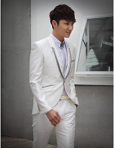 White Beading Slim Fit Tuxedo In Polyester
