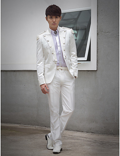 White Beading Slim Fit Tuxedo In Polyester