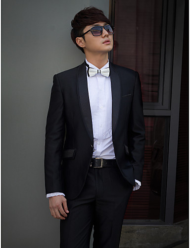 Black Solid Slim Fit Tuxedo In Polyester