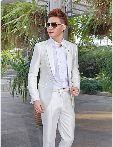 White Embroidered Slim Fit Tuxedo In Polyester