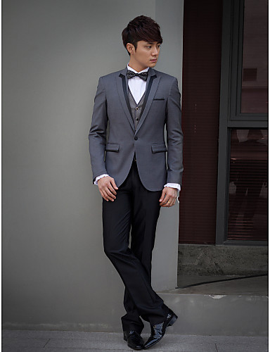 Black&amp;Dark Gray Solid Slim Fit Tuxedo In Polyester