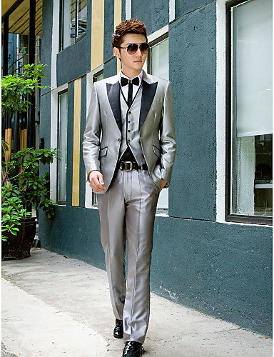 Black&amp;Gray Solid Slim Fit Tuxedo In Polyester