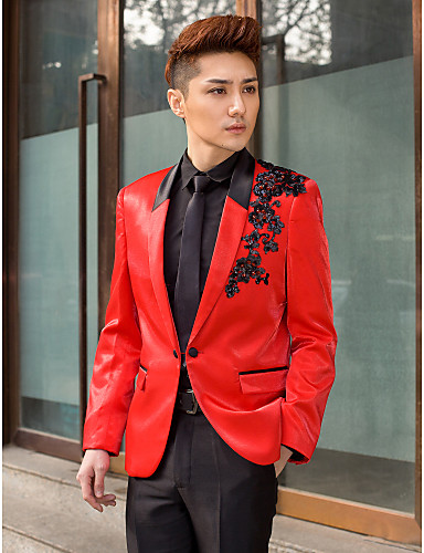 Red Solid Slim Fit Tuxedo In Polyester