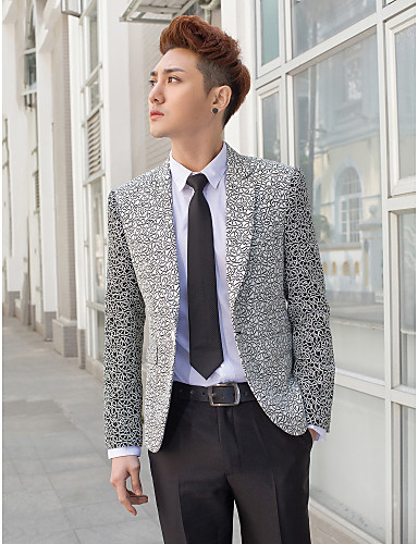 Black&amp;Silver Patterns Slim Fit Tuxedo In Polyester