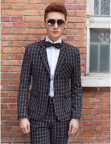 Black Plaid Slim Fit Tuxedo In Polyester
