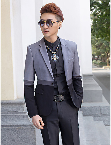 Black&amp;Gray Solid Slim Fit Tuxedo In Polyester