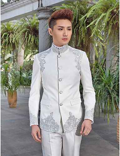 White Solid Slim Fit Tuxedo In Polyester