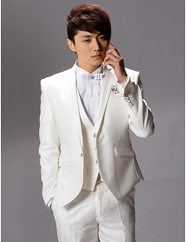 White Solid Slim Fit Tuxedo In Polyester