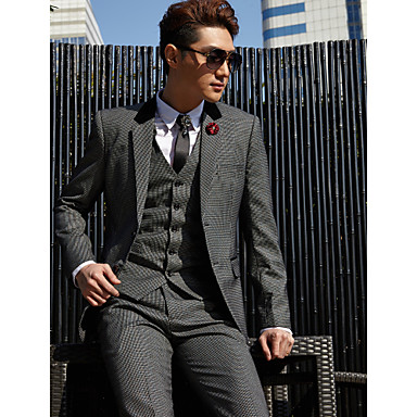 Tuxedos Tailored Fit Slim Notch Two-Button Cotton/Polyester Checkered 3 Pieces Gray