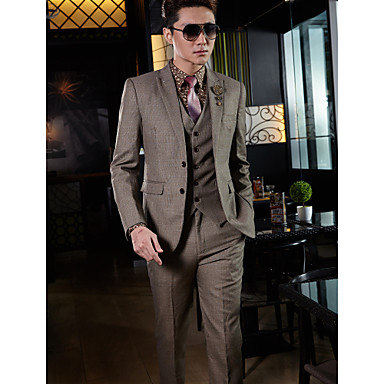 Tuxedos Tailored Fit Slim Peak Two-Button Cotton/Polyester Tattersall 3 Pieces Brown