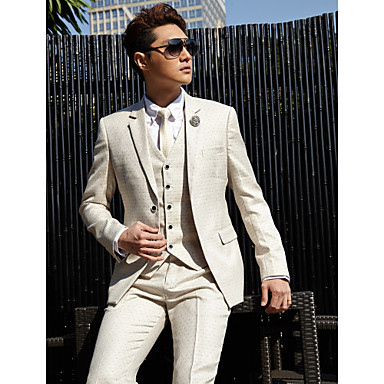 Tuxedos Tailored Fit Slim Notch Two-Button Cotton/Polyester Patterns 3 Pieces Off-White