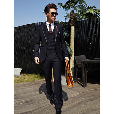 Tuxedos Tailored Fit Peak One-Button Cotton/Polyester Stripes 3 Pieces Black