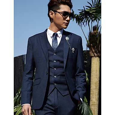 Tuxedos Tailored Fit Peak One-Button Cotton/Polyester Stripes 3 Pieces Dark Blue