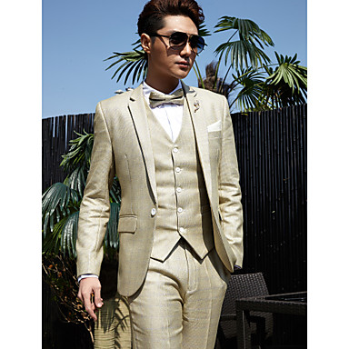Tuxedos Tailored Fit Slim Notch One-Button Cotton/Polyester Checkered 3 Pieces champagne