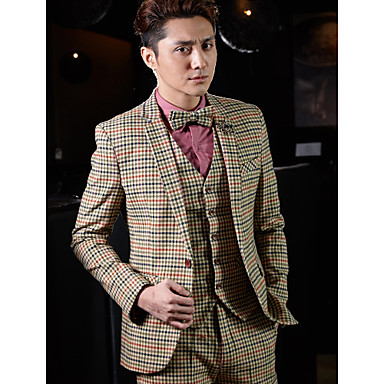 Tuxedos Tailored Fit Slim Notch One-Button Cotton/Polyester Checkered 3 Pieces khaki