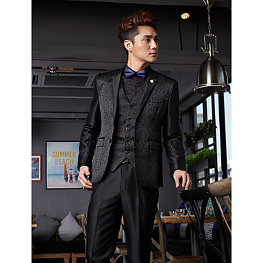 Tuxedos Tailored Fit Slim Notch Two-Button Cotton/Polyester Patterns 3 Pieces Black