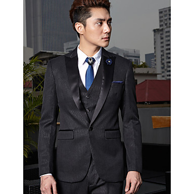 Tuxedos Tailored Fit Peak One-Button Cotton/Polyester Solid 3 Pieces Black