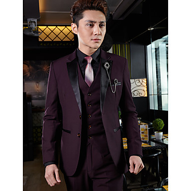 Tuxedos Tailored Fit Slim Peak Two-Button Cotton/Polyester Solid 3 Pieces Grape
