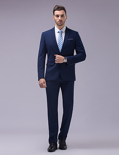 Suits Tailored Fit Slim Notch Two-Button Cotton/Polyester Solid 2 Pieces Navy Blue