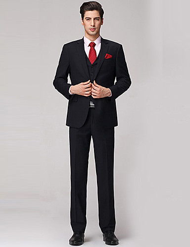 Suits Tailored Fit Slim Notch Single Breasted Two-buttons Wool &amp; Polyester Blended Solid 3 Pieces Black