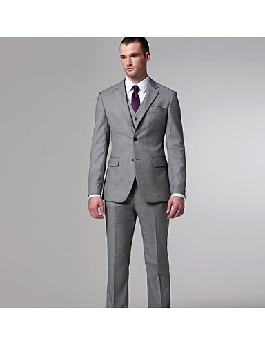 Suits Tailored Fit Slim Notch Single Breasted Two-buttons Wool Solid 2 Pieces Gray