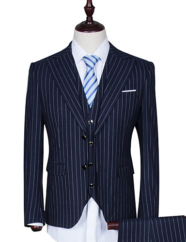 Suits Tailored Fit Peak Single Breasted One-button Polyester/Rayon(T/R) Stripes 3 Pieces Blue