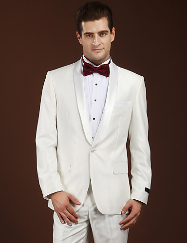 Suits Slim Fit Shawl Collar Single Breasted One-button Wool Solid 2 Pieces Ivory