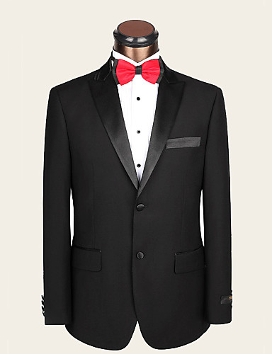Suits Slim Fit Notch Single Breasted Two-buttons Wool Solid 2 Pieces Black