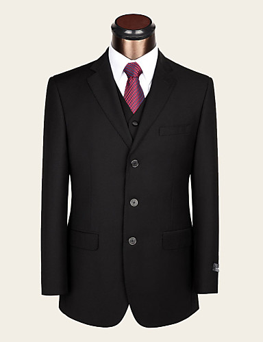 Suits Standard Fit Notch Single Breasted Three-buttons Wool Solid 2 Pieces Black