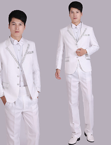 Suits Tailored Fit Notch Single Breasted Three-buttons Polyester Stripes 4 Pieces White