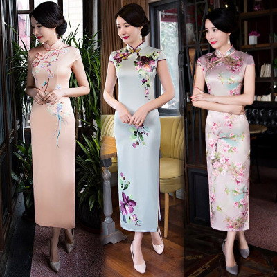 Cheongsam summer 2018 new female retro slim catwalk costume elegant Chinese robe dress long section