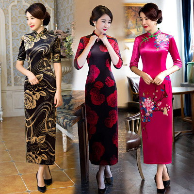 Gold velvet cheongsam 2018 new female retro thin elegant catwalk elastic long cheongsam dress sleeves