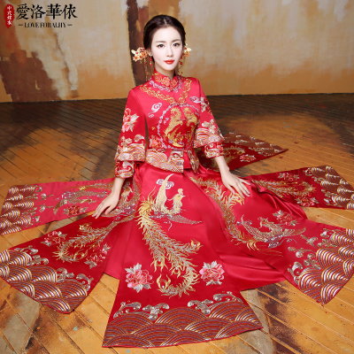 Show Wo clothing Chinese bride dress 2018 spring and summer new Dragon Phoenix red wedding toast clo