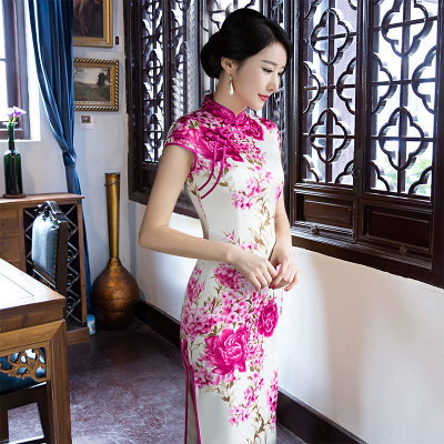 Qipao long style 2018 new improved double-layer short-sleeved vintage slimming banquet show dress dress