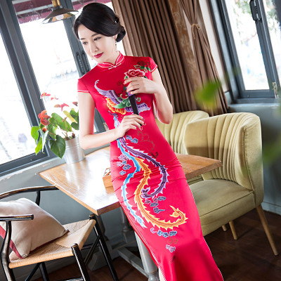 Cheongsam long style 2018 new spring and summer double-layer modified retro Chinese banquet show performance cheongsam dress