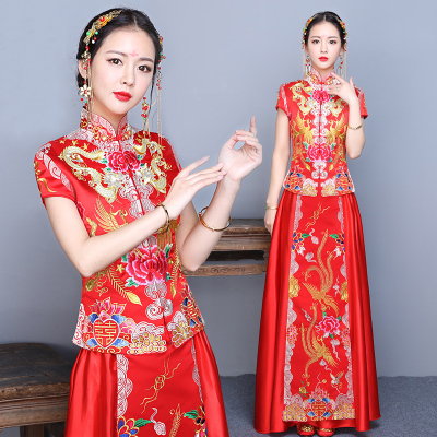 Show Wo clothing bride 2018 new Chinese dress wedding toast clothing red short-sleeved long section