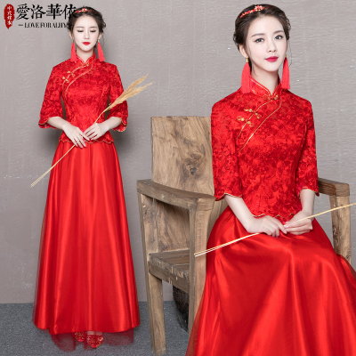 Toast service 2018 spring and summer new Chinese wedding dress red Slim long cheongsam sleeves show