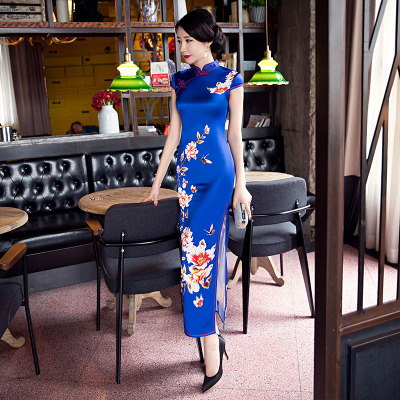 Cheongsam 2018 new summer female imitation silk trim retro-styled walking show dress slender long cheongsam dress