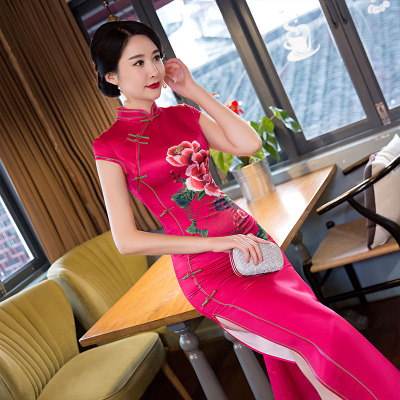 Cheongsam 2018 new summer elegant printing show thin Chinese banquet etiquette runway dress long style cheongsam dress