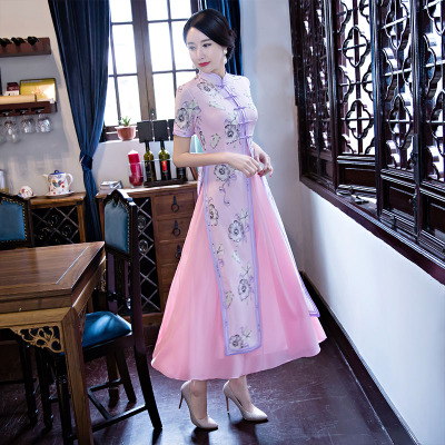 Long cheongsam 2018 new female modified Austrian slim Slim retro short-sleeved elegant catwalk dress dress