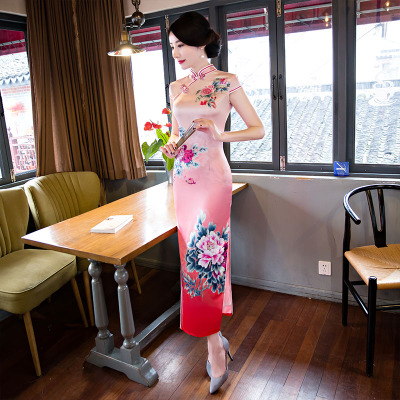 Cheongsam long style 2018 new double-layer modified banquet show dress daily slim cheongsam dress long style