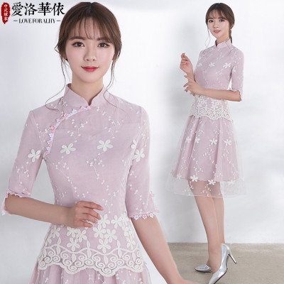 Chinese bridesmaid dress 2018 new summer cheongsam girls retro short sisters dress stage performance