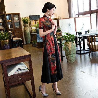 Long style of cheongsam 2018 new ethnic style odai refined and elegant daily Chinese style cheongsam dress summer