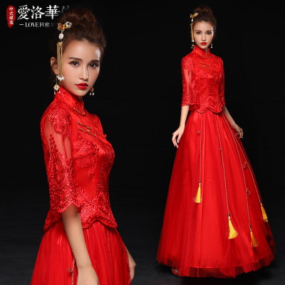 Toast clothing bride 2018 spring and summer new red long Chinese dress lace gauze wedding wedding dr