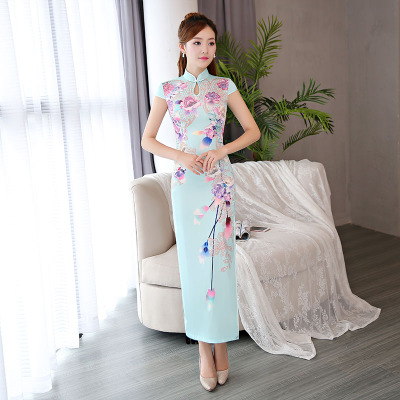 Cheongsam summer 2018 new female modified drip collar Slim banquet catwalk costume long cheongsam dress